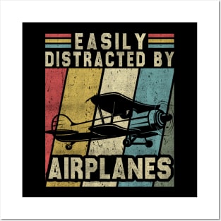 Easily Distracted By Airplanes Retro Airplane Funny Pilot Posters and Art